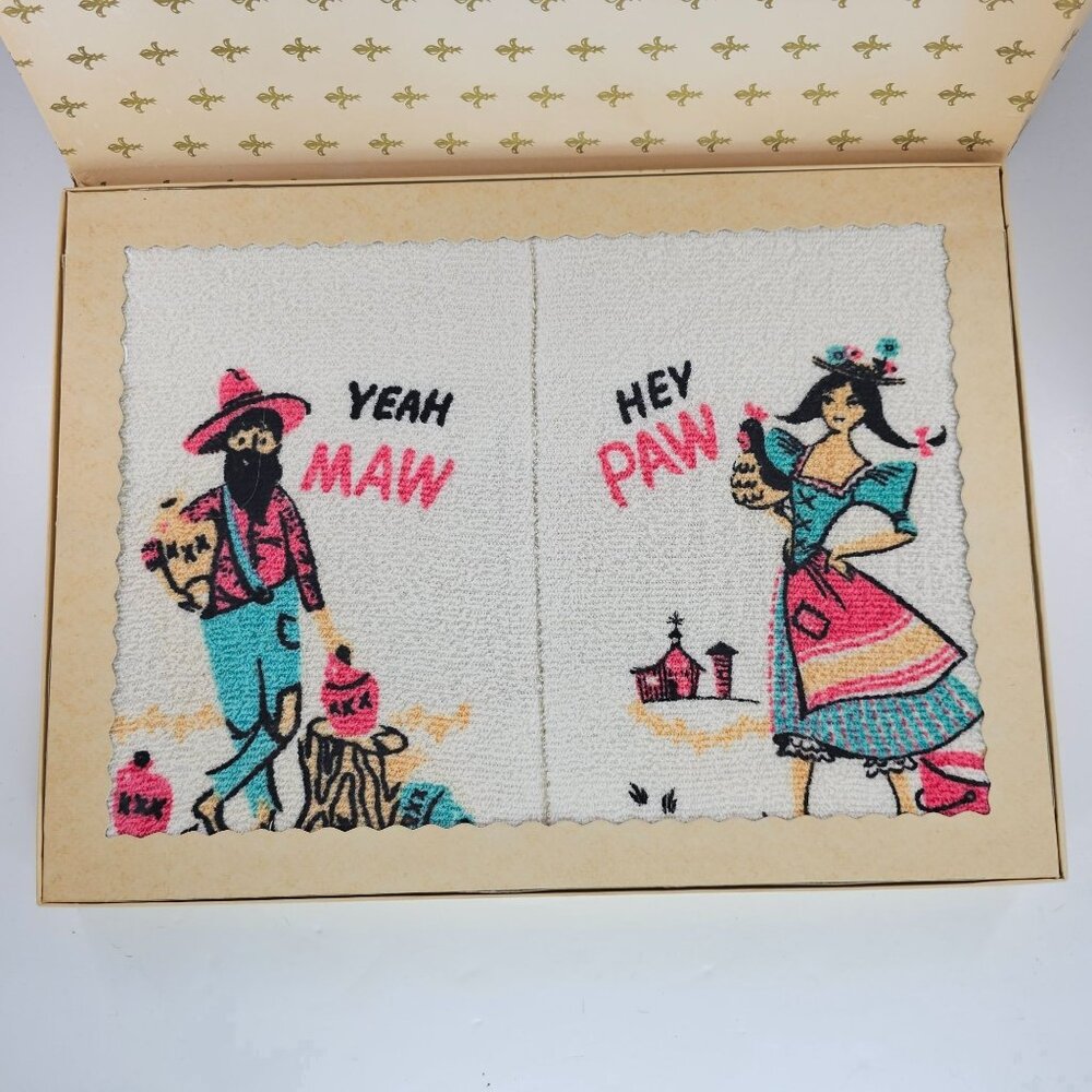 Vintage Hey Paw Yeah Maw Hand Towel Wash Cloth Set Kitch RN 15539